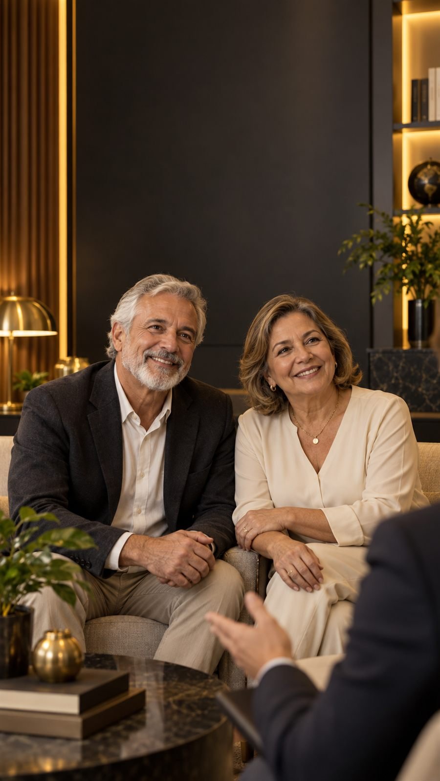 Aposentados recebendo atendimento financeiro respeitoso
